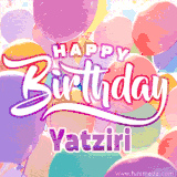 A vibrant name GIF featuring colorful balloons in shades of pink, orange, and yellow with the bold text 'Happy Birthday Yatziri' in festive fonts, creating a lively birthday vibe.
