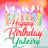 Bright birthday candles with rainbow flames on a cake, alongside the text 'Happy Birthday Yatziry' in vibrant script in this celebratory animated GIF.