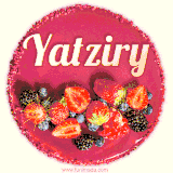 Beautifully decorated red velvet berry birthday cake with vibrant fruits and a glowing 'Yatziry' name, adding a touch of sweetness and sparkle.
