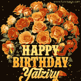 Animated bouquet of orange roses with moving butterfles and golden 'Happy Birthday Yatziry' text, surrounded by sparkling accents and a dark backdrop for a luxurious feel.