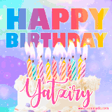A vibrant animated name GIF with the words 'Happy Birthday Yatziry' with colorful candles on a creamy cake. The background sparkles with pastel shades, adding a festive touch.