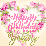 A stunning heart made of pink roses surrounds the elegant script text 'Happy Birthday Yatziry' on a soft beige background. Animated sparkles add a magical and festive feel.