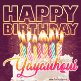 A colorful birthday cake topped with lit candles, with the words 'Happy Birthday Yayauhqui' in bold glowing letters on a burgundy background. Animated flames add a festive touch.