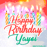Bright birthday candles with rainbow flames on a cake, alongside the text 'Happy Birthday Yayoi' in vibrant script in this celebratory animated GIF.