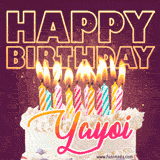 A colorful birthday cake topped with lit candles, with the words 'Happy Birthday Yayoi' in bold glowing letters on a burgundy background. Animated flames add a festive touch.
