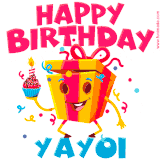 A vibrant and funny gift box character with a happy face dancing with a cupcake and the text 'Happy Birthday Yayoi,' surrounded by animated confetti and party vibes.