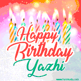 Bright birthday candles with rainbow flames on a cake, alongside the text 'Happy Birthday Yazhi' in vibrant script in this celebratory animated GIF.