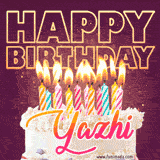 A colorful birthday cake topped with lit candles, with the words 'Happy Birthday Yazhi' in bold glowing letters on a burgundy background. Animated flames add a festive touch.