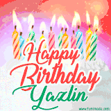 Bright birthday candles with rainbow flames on a cake, alongside the text 'Happy Birthday Yazlin' in vibrant script in this celebratory animated GIF.