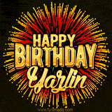 Golden 'Happy Birthday Yazlin' text accompanied by animated rainbow fireworks for a festive animated greeting.