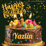 A delightful chocolate birthday cake with bright candles and 'Happy Birthday Yazlin' written in gold amidst a shower of animated stars.