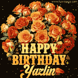 Animated bouquet of orange roses with moving butterfles and golden 'Happy Birthday Yazlin' text, surrounded by sparkling accents and a dark backdrop for a luxurious feel.