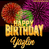 A golden 'Happy Birthday Yazlin' message with vibrant fireworks in the background, creating a festive and celebratory vibe in this animated name GIF.
