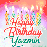 Bright birthday candles with rainbow flames on a cake, alongside the text 'Happy Birthday Yazmin' in vibrant script in this celebratory animated GIF.