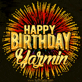Golden 'Happy Birthday Yazmin' text accompanied by animated rainbow fireworks for a festive animated greeting.