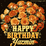 Animated bouquet of orange roses with moving butterfles and golden 'Happy Birthday Yazmin' text, surrounded by sparkling accents and a dark backdrop for a luxurious feel.