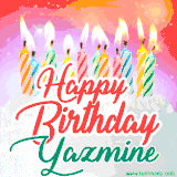 Bright birthday candles with rainbow flames on a cake, alongside the text 'Happy Birthday Yazmine' in vibrant script in this celebratory animated GIF.