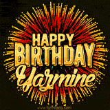 Golden 'Happy Birthday Yazmine' text accompanied by animated rainbow fireworks for a festive animated greeting.