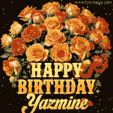 Animated bouquet of orange roses with moving butterfles and golden 'Happy Birthday Yazmine' text, surrounded by sparkling accents and a dark backdrop for a luxurious feel.