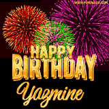 A golden 'Happy Birthday Yazmine' message with vibrant fireworks in the background, creating a festive and celebratory vibe in this animated name GIF.