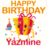 A vibrant and funny gift box character with a happy face dancing with a cupcake and the text 'Happy Birthday Yazmine,' surrounded by animated confetti and party vibes.