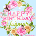 A charming animated GIF featuring 'Happy Birthday Yağmur' in pink and green text, surrounded by delicate roses, leaves, and fluttering butterflies on a soft light blue pastel background.