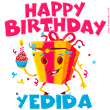 A vibrant and funny gift box character with a happy face dancing with a cupcake and the text 'Happy Birthday Yedida,' surrounded by animated confetti and party vibes.