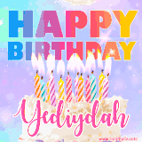 A vibrant animated name GIF with the words 'Happy Birthday Yediydah' with colorful candles on a creamy cake. The background sparkles with pastel shades, adding a festive touch.