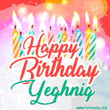 Bright birthday candles with rainbow flames on a cake, alongside the text 'Happy Birthday Yeghnig' in vibrant script in this celebratory animated GIF.