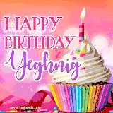 A vibrant birthday GIF featuring a rainbow-colored cupcake topped with white frosting, sprinkles, and a lit candle. The text reads 'Happy Birthday Yeghnig' in bold pink and violet letters with white outline.