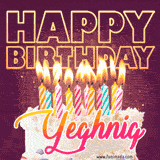 A colorful birthday cake topped with lit candles, with the words 'Happy Birthday Yeghnig' in bold glowing letters on a burgundy background. Animated flames add a festive touch.