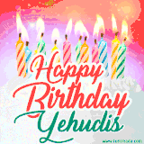 Bright birthday candles with rainbow flames on a cake, alongside the text 'Happy Birthday Yehudis' in vibrant script in this celebratory animated GIF.