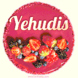 Beautifully decorated red velvet berry birthday cake with vibrant fruits and a glowing 'Yehudis' name, adding a touch of sweetness and sparkle.
