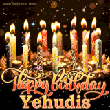 A glowing personalized birthday GIF with name Yehudis featuring lit candles with intricate designs, warm lighting, and the text 'Happy Birthday' in an elegant font.