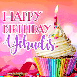 A vibrant birthday GIF featuring a rainbow-colored cupcake topped with white frosting, sprinkles, and a lit candle. The text reads 'Happy Birthday Yehudis' in bold pink and violet letters with white outline.