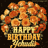 Animated bouquet of orange roses with moving butterfles and golden 'Happy Birthday Yehudis' text, surrounded by sparkling accents and a dark backdrop for a luxurious feel.