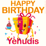 A vibrant and funny gift box character with a happy face dancing with a cupcake and the text 'Happy Birthday Yehudis,' surrounded by animated confetti and party vibes.