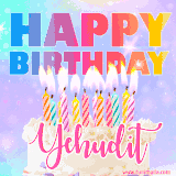 A vibrant animated name GIF with the words 'Happy Birthday Yehudit' with colorful candles on a creamy cake. The background sparkles with pastel shades, adding a festive touch.
