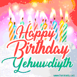 Bright birthday candles with rainbow flames on a cake, alongside the text 'Happy Birthday Yehuwdiyth' in vibrant script in this celebratory animated GIF.