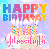 A vibrant animated name GIF with the words 'Happy Birthday Yehuwdiyth' with colorful candles on a creamy cake. The background sparkles with pastel shades, adding a festive touch.