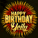 Golden 'Happy Birthday Yeily' text accompanied by animated rainbow fireworks for a festive animated greeting.