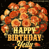 Animated bouquet of orange roses with moving butterfles and golden 'Happy Birthday Yeily' text, surrounded by sparkling accents and a dark backdrop for a luxurious feel.