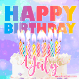 A vibrant animated name GIF with the words 'Happy Birthday Yeily' with colorful candles on a creamy cake. The background sparkles with pastel shades, adding a festive touch.