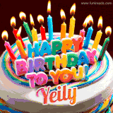 A colorful birthday cake topped with lit candles, with the words 'Happy Birthday Yeily' in bold glowing letters on a burgundy background. Animated flames add a festive touch.