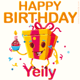A vibrant and funny gift box character with a happy face dancing with a cupcake and the text 'Happy Birthday Yeily,' surrounded by animated confetti and party vibes.