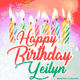 Bright birthday candles with rainbow flames on a cake, alongside the text 'Happy Birthday Yeilyn' in vibrant script in this celebratory animated GIF.