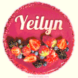 Beautifully decorated red velvet berry birthday cake with vibrant fruits and a glowing 'Yeilyn' name, adding a touch of sweetness and sparkle.