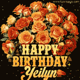 Animated bouquet of orange roses with moving butterfles and golden 'Happy Birthday Yeilyn' text, surrounded by sparkling accents and a dark backdrop for a luxurious feel.