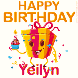 A vibrant and funny gift box character with a happy face dancing with a cupcake and the text 'Happy Birthday Yeilyn,' surrounded by animated confetti and party vibes.