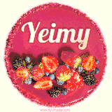 Beautifully decorated red velvet berry birthday cake with vibrant fruits and a glowing 'Yeimy' name, adding a touch of sweetness and sparkle.